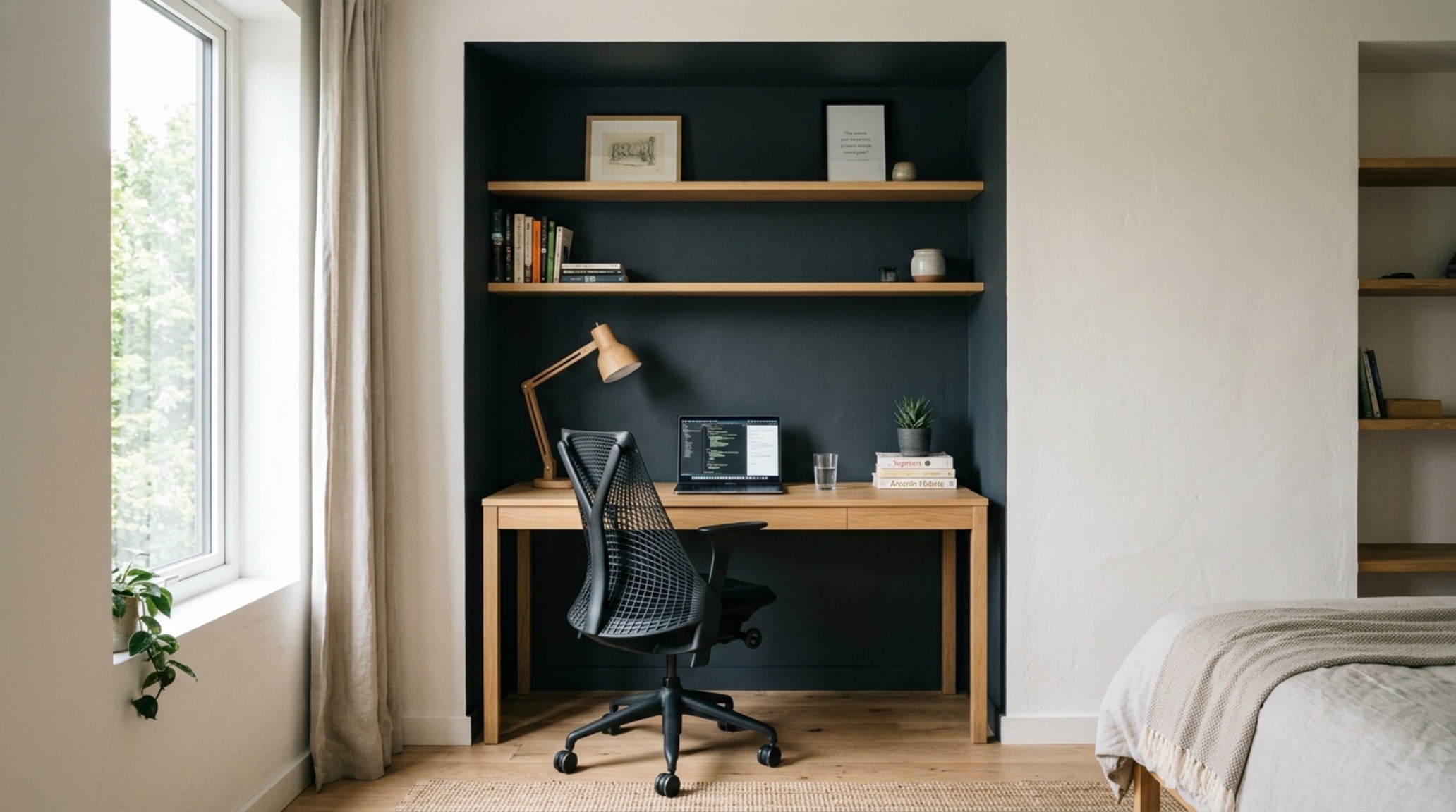 Zoning with paint colors in a teen bedroom featuring a deep charcoal study nook adjacent to a light-filled window and white oak desk. Zoning with paint colors in a teen bedroom featuring a deep charcoal study nook adjacent to a light-filled window and white oak desk.