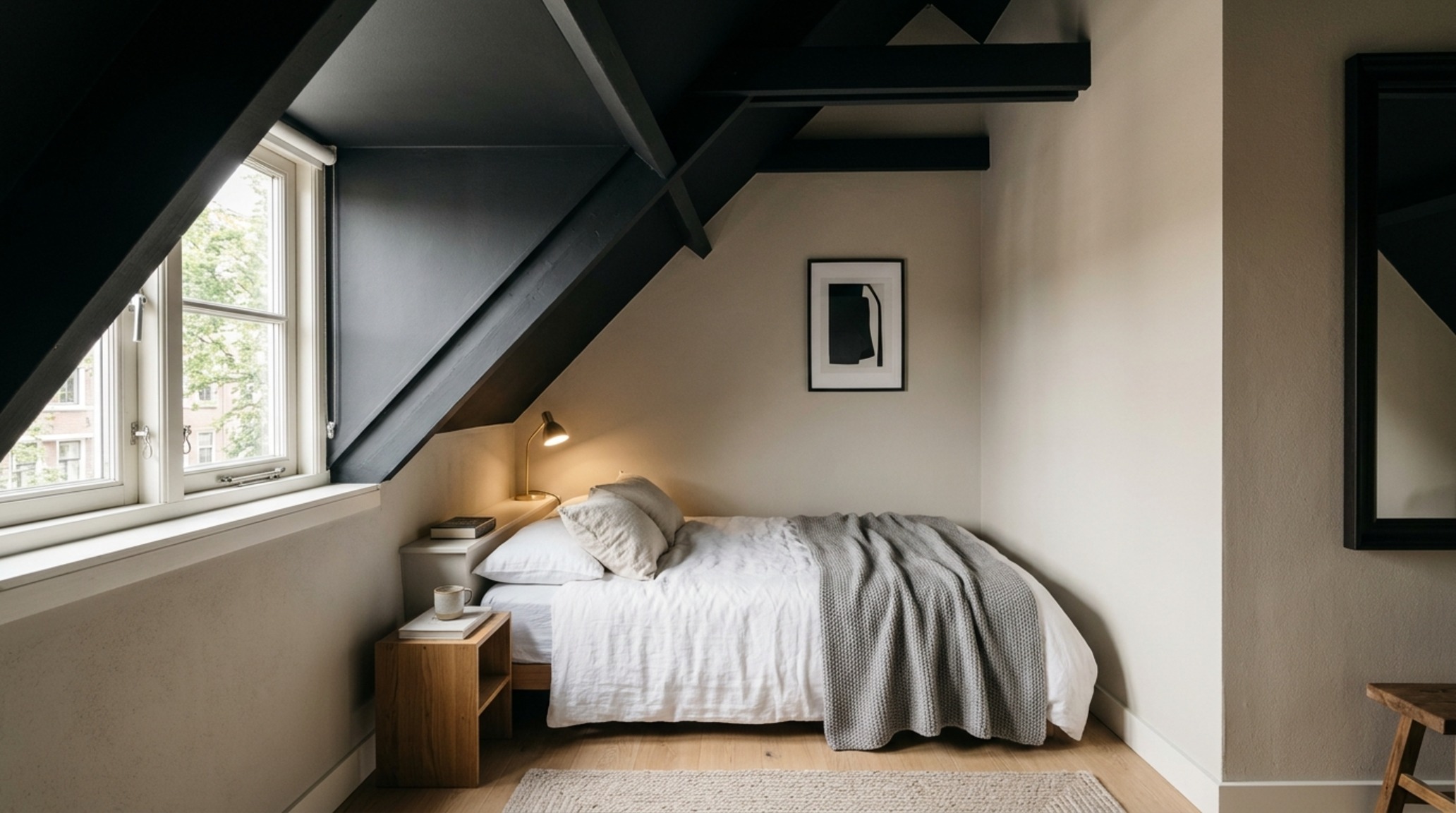 Small room color expansion techniques showing a matte black ceiling that creates a loft effect above a neutral-toned platform bed. Small room color expansion techniques showing a matte black ceiling that creates a loft effect above a neutral-toned platform bed.