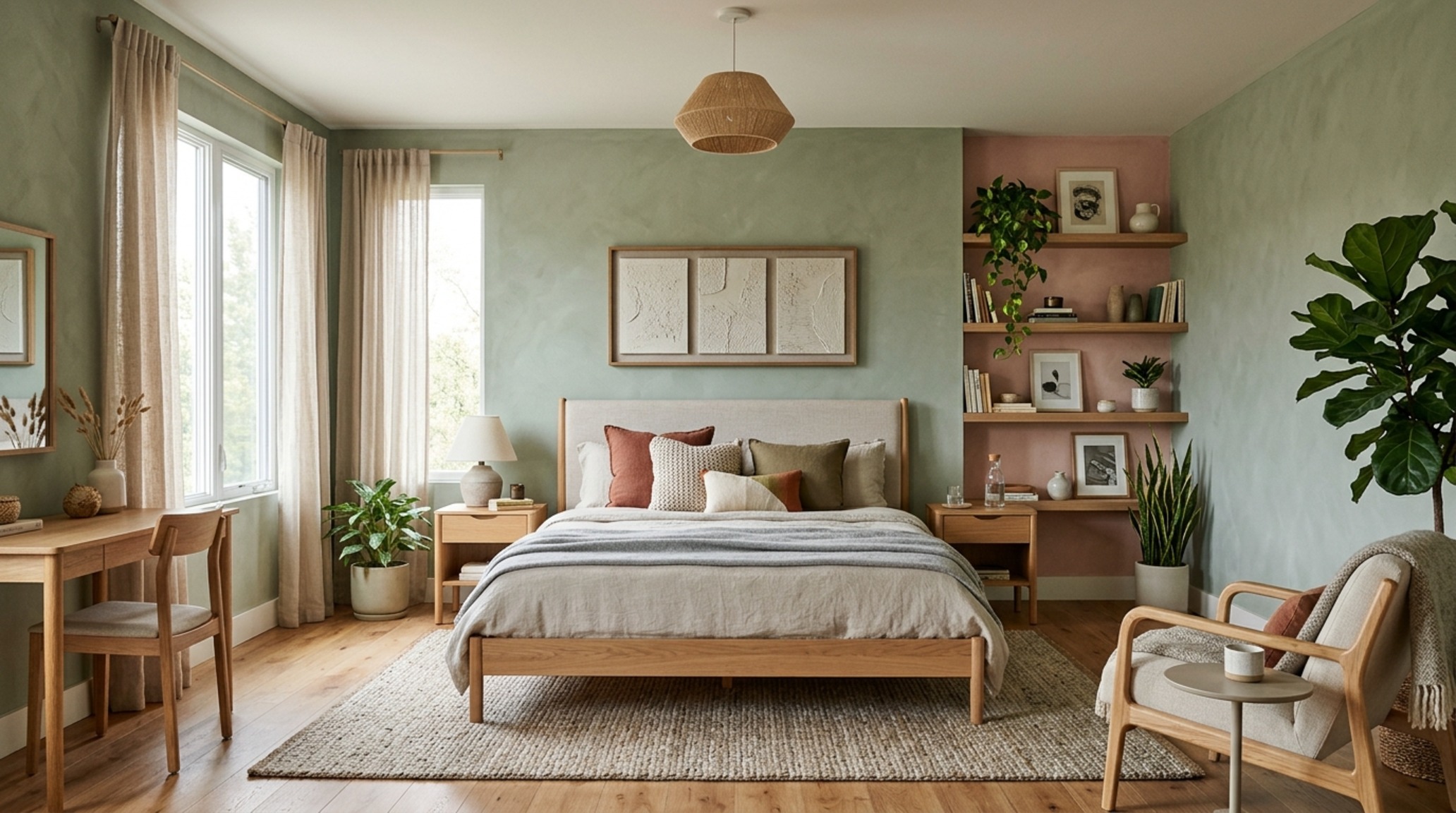 Gender-neutral bedroom palettes using sage green and dusty terracotta tones on a feature wall with organic linen bedding. Gender-neutral bedroom palettes using sage green and dusty terracotta tones on a feature wall with organic linen bedding.