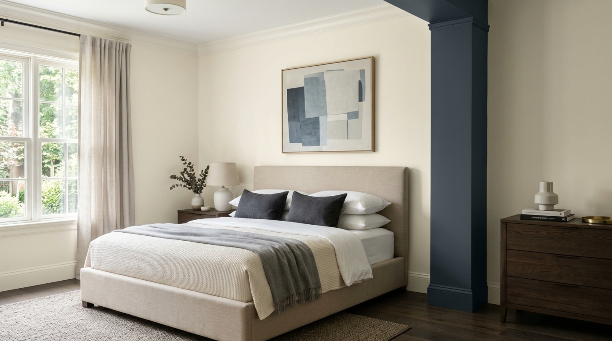 Transitional bedroom paint schemes depicting a timeless warm alabaster base with a deep forest green architectural focal point. Transitional bedroom paint schemes depicting a timeless warm alabaster base with a deep forest green architectural focal point.