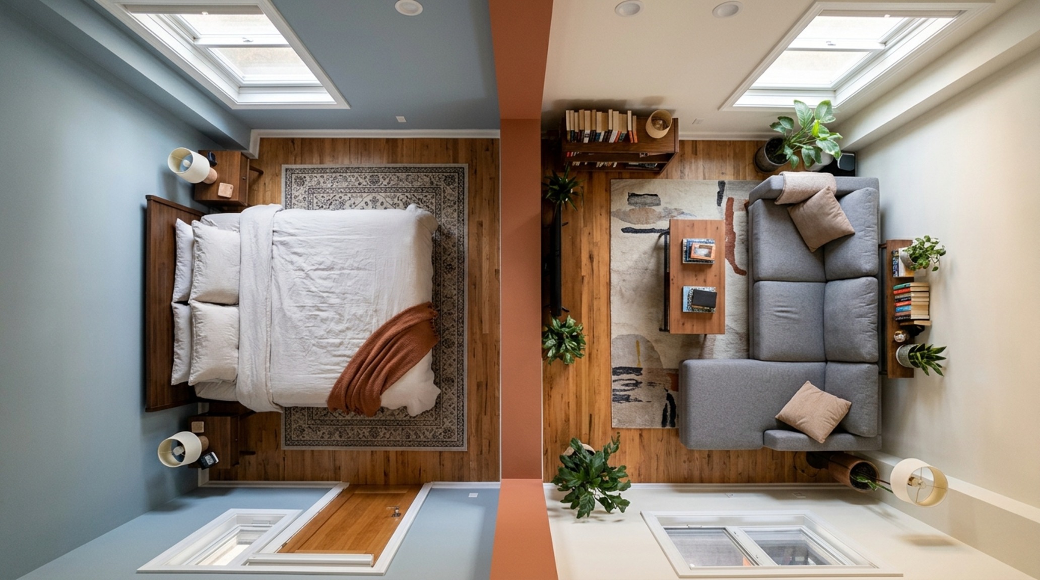 Zoning with paint colors using vertical blocking to separate a reading corner from a social lounge area in a large shared bedroom. Zoning with paint colors using vertical blocking to separate a reading corner from a social lounge area in a large shared bedroom.
