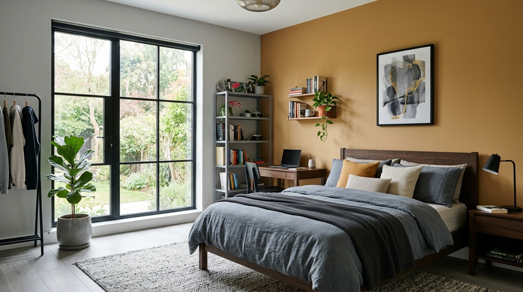 Gender-neutral bedroom palettes highlighting a contemporary mix of ochre, slate, and natural wood textures for a mature adolescent space. Gender-neutral bedroom palettes highlighting a contemporary mix of ochre, slate, and natural wood textures for a mature adolescent space.