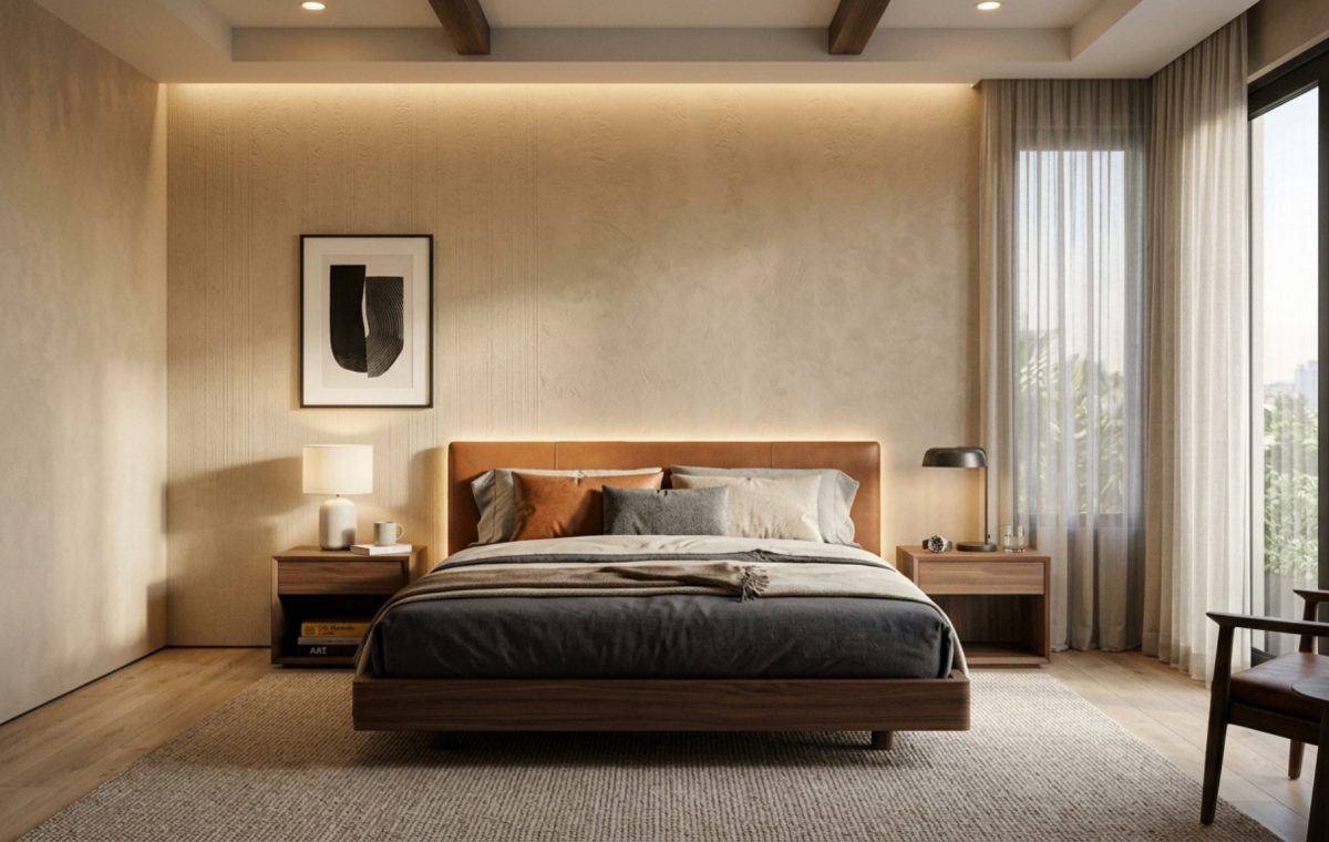 luxury bachelor bedroom sets featuring a low-profile walnut platform bed with an upholstered leather headboard and integrated 2700K ambient backlighting
