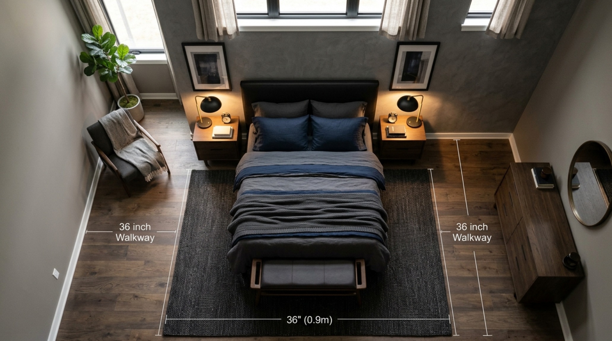 masculine bedroom layout guide illustrating the 18-inch reach rule from a low-profile bed to a circular travertine side table