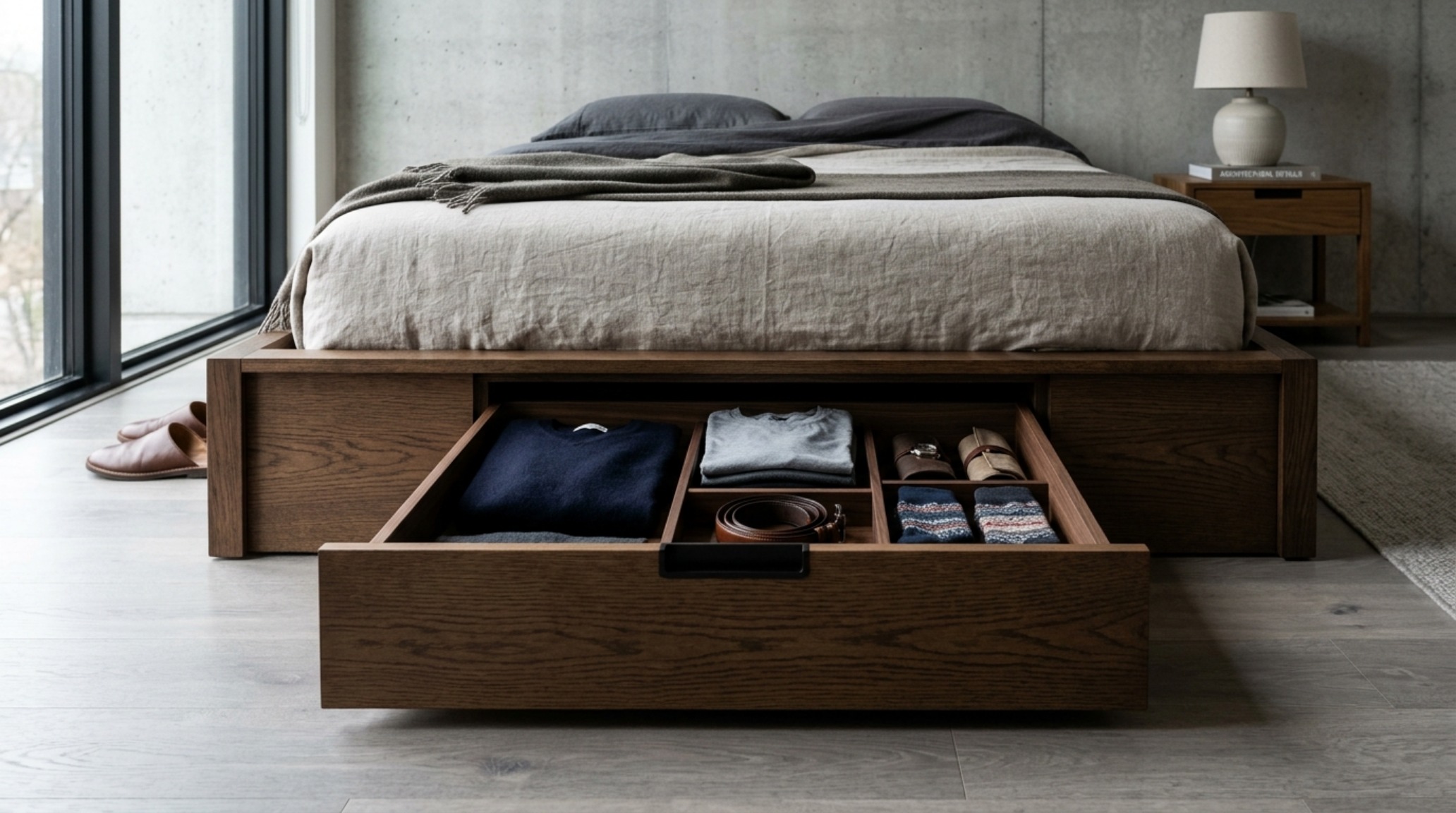 smart storage for men's bedrooms showing an integrated bed frame with hidden under-mattress storage drawers in a minimalist charcoal finish