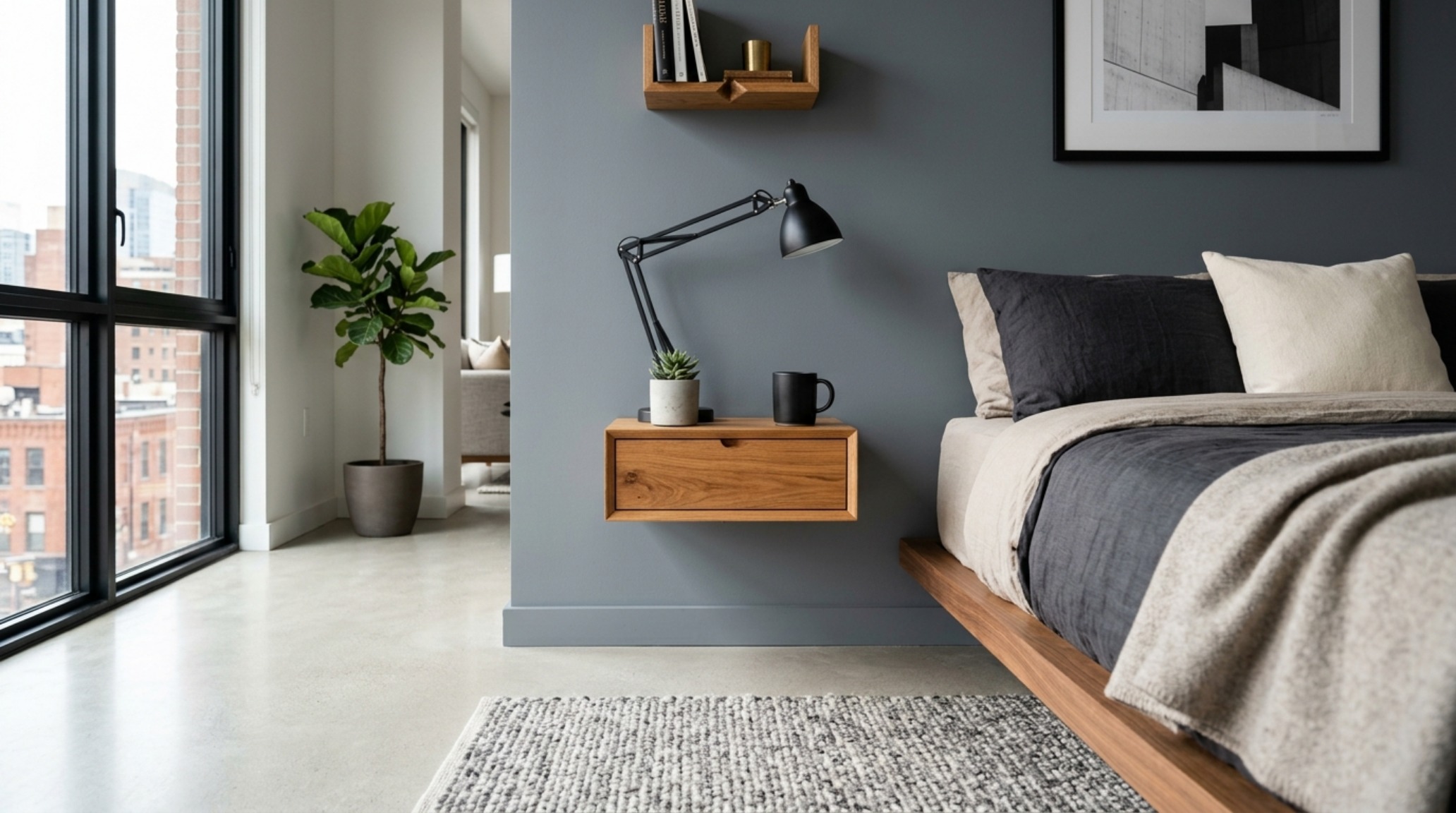 small bachelor pad furniture ideas showcasing a wall-mounted floating nightstand in a compact urban bedroom with 36-inch walkway clearances