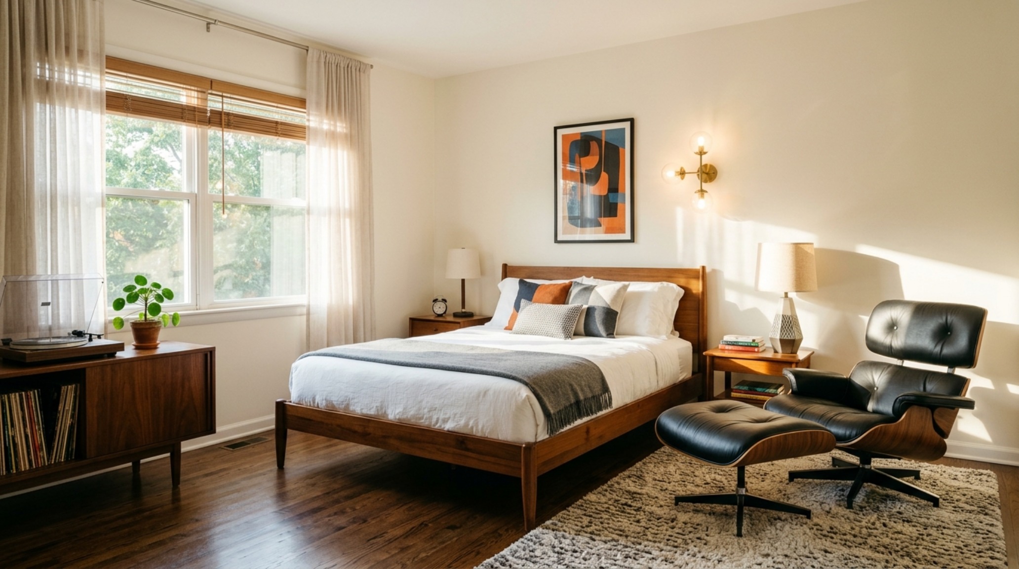 mid-century modern bachelor bedroom with an iconic Eames-style lounge chair and a tapered-leg teak dresser in natural sunlight
