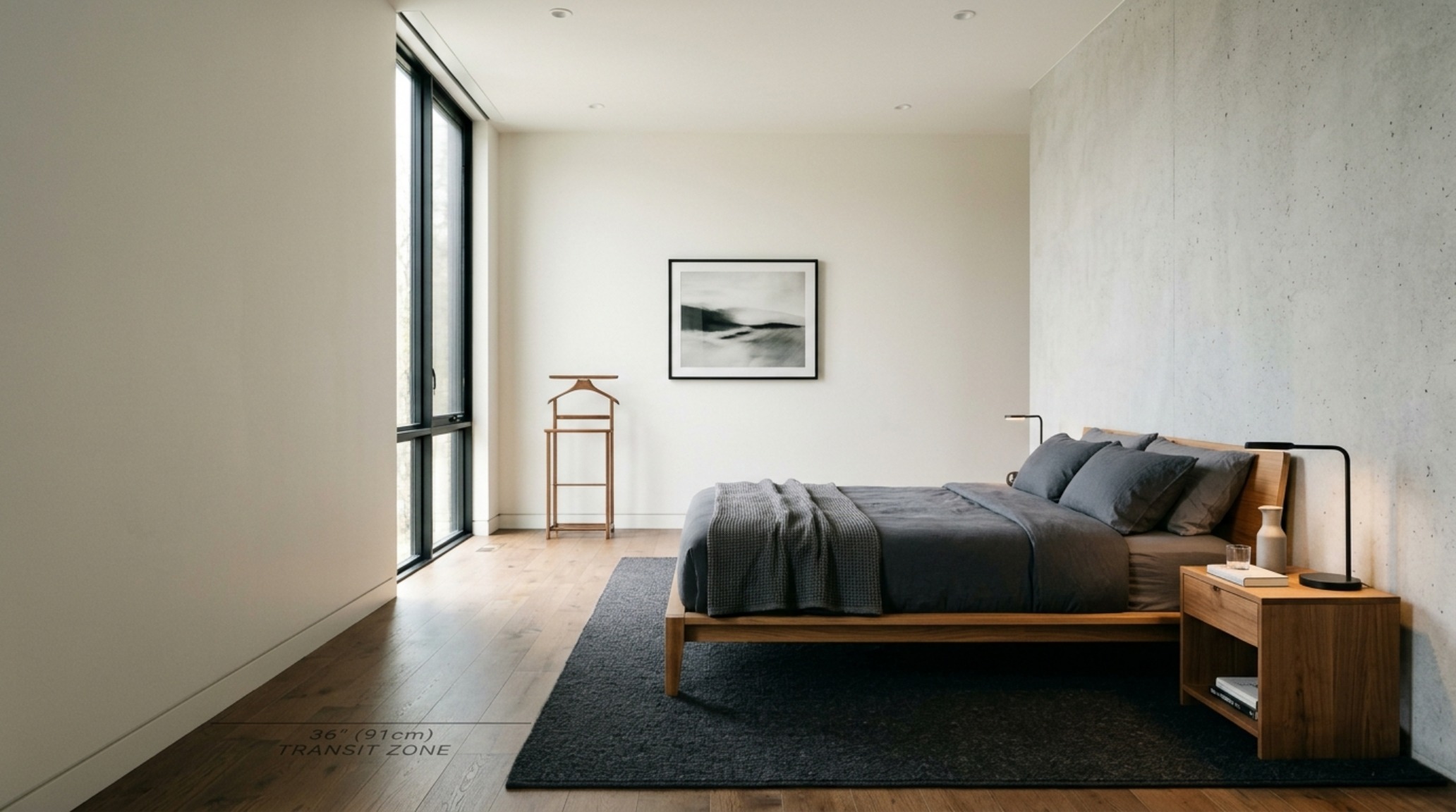 masculine bedroom layout guide demonstrating the 36-inch primary circulation path between a platform bed and a minimalist built-in wardrobe