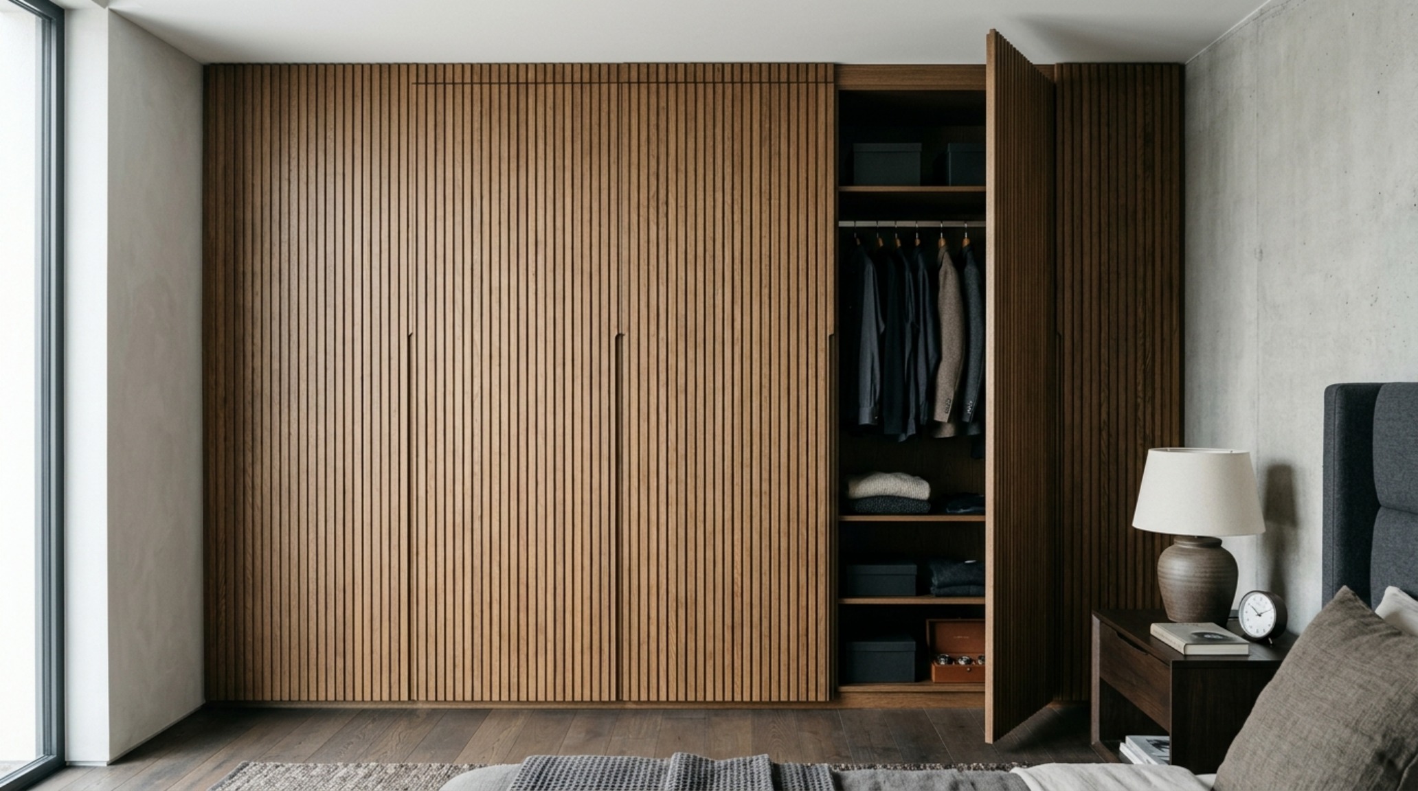 smart storage for men's bedrooms featuring a bespoke floor-to-ceiling wardrobe with fluted oak panels and concealed push-to-open doors
