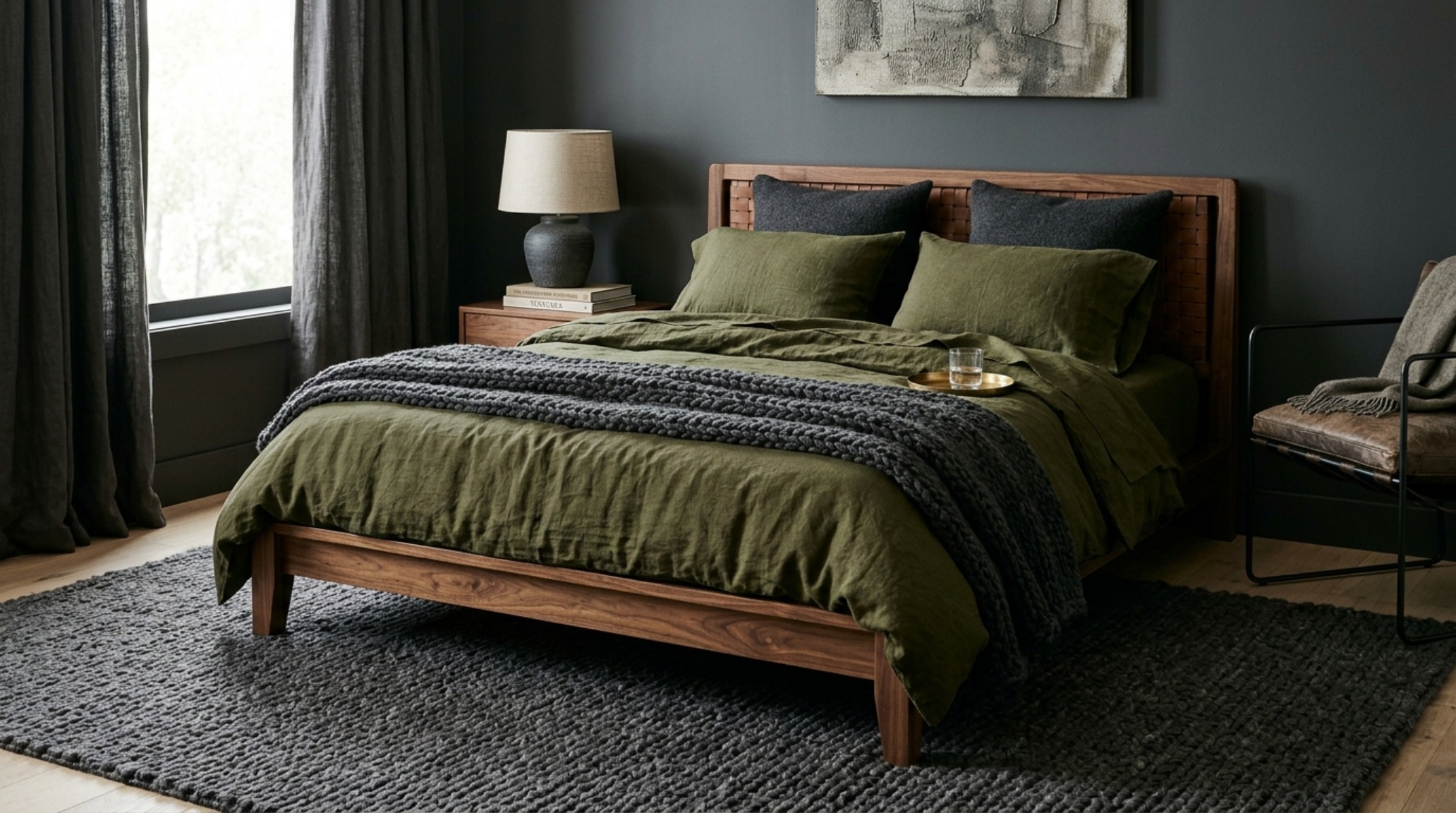 luxury bachelor bedroom sets with a focus on tactile materiality including a heavyweight grey linen duvet and polished concrete floors