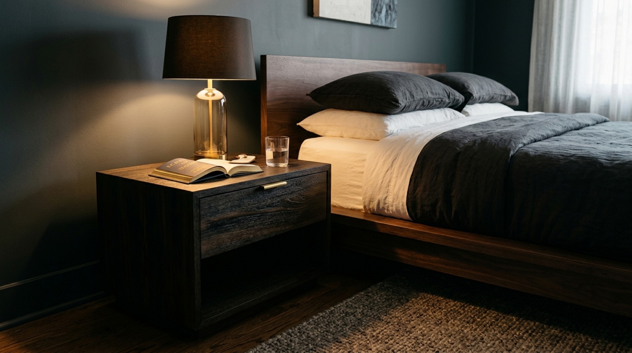 dark wood bedroom furniture highlighting the grain of a smoked eucalyptus dresser under 3000K high-CRI task lighting