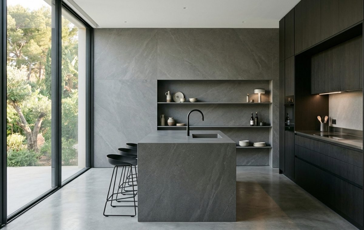 Large format porcelain kitchen walls featuring a seamless matte Calacatta Borghini slab with minimal grout lines in a high-end minimalist kitchen.