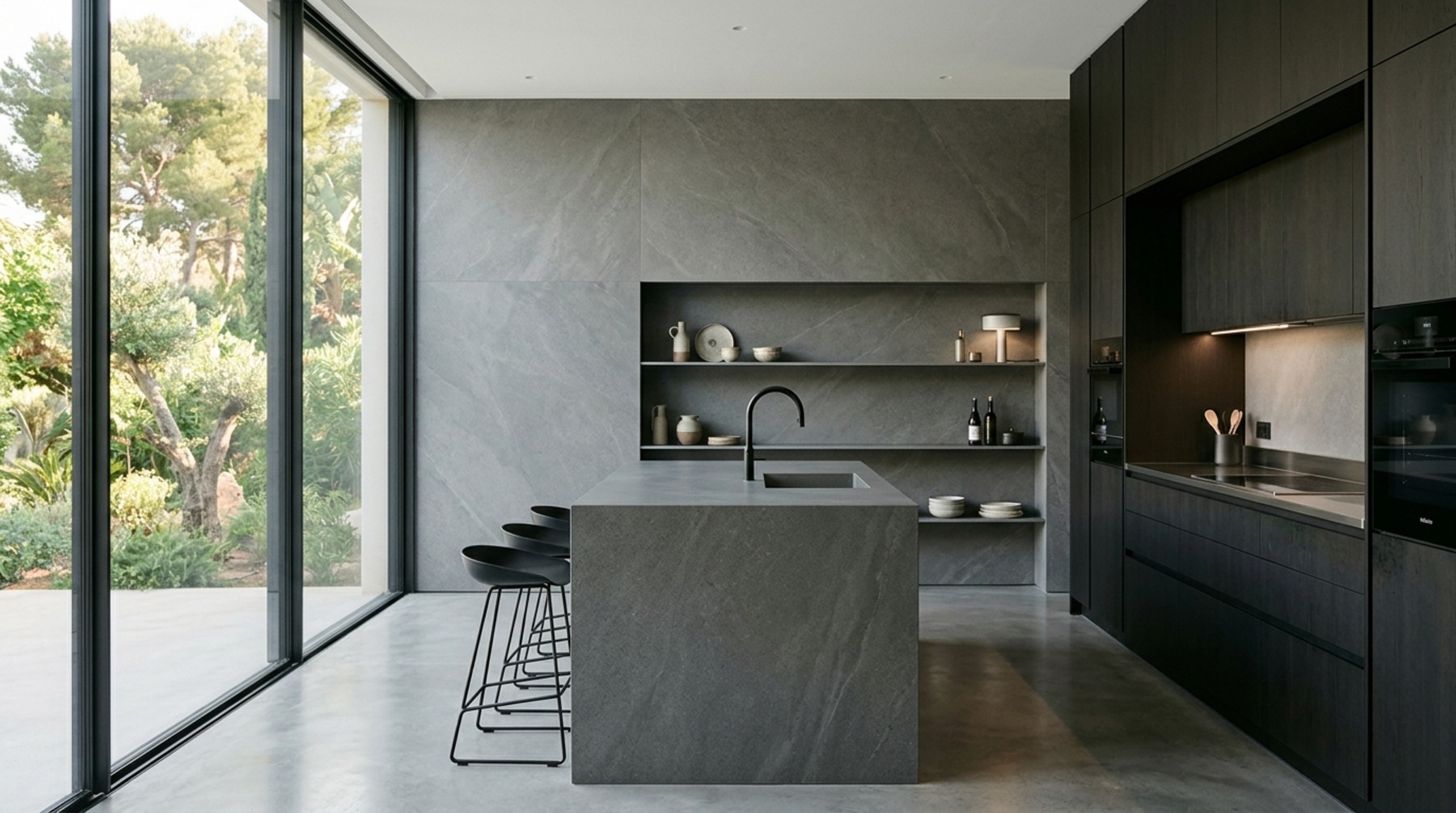Large format porcelain kitchen walls featuring a seamless matte Calacatta Borghini slab with minimal grout lines in a high-end minimalist kitchen. Large format porcelain kitchen walls featuring a seamless matte Calacatta Borghini slab with minimal grout lines in a high-end minimalist kitchen.