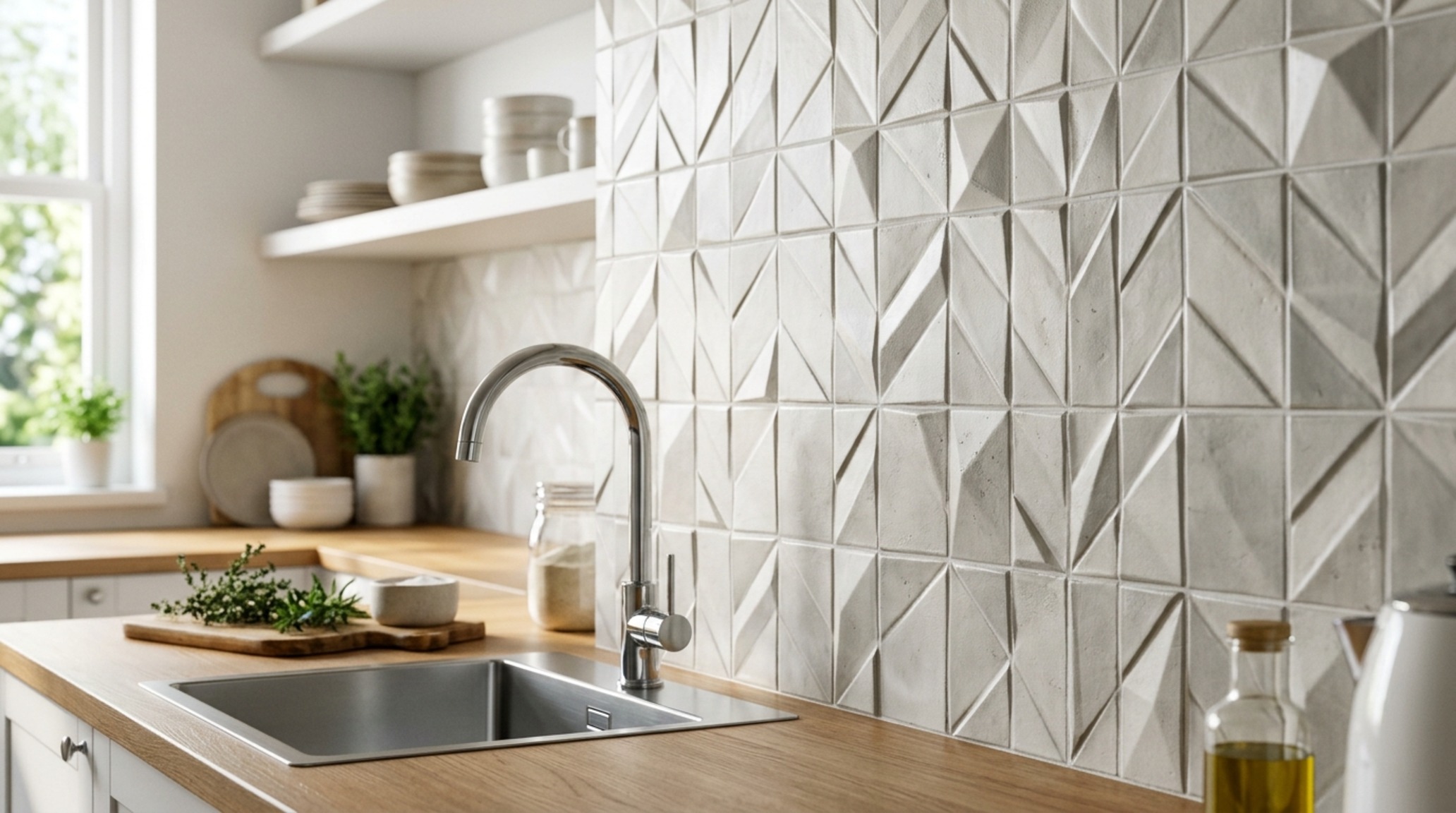Textured kitchen tiles trend with a 3D geometric relief pattern in a matte white ceramic, creating subtle shadow play in a bright, modern space. Textured kitchen tiles trend with a 3D geometric relief pattern in a matte white ceramic, creating subtle shadow play in a bright, modern space.