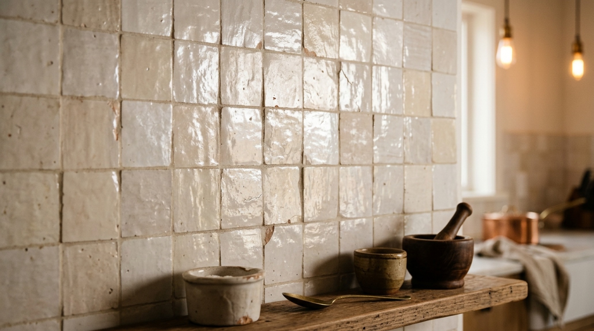 Zellige wall tiles for kitchen in a pearlescent white finish showing natural variations in texture and depth under soft 2700K pendant lighting. Zellige wall tiles for kitchen in a pearlescent white finish showing natural variations in texture and depth under soft 2700K pendant lighting.