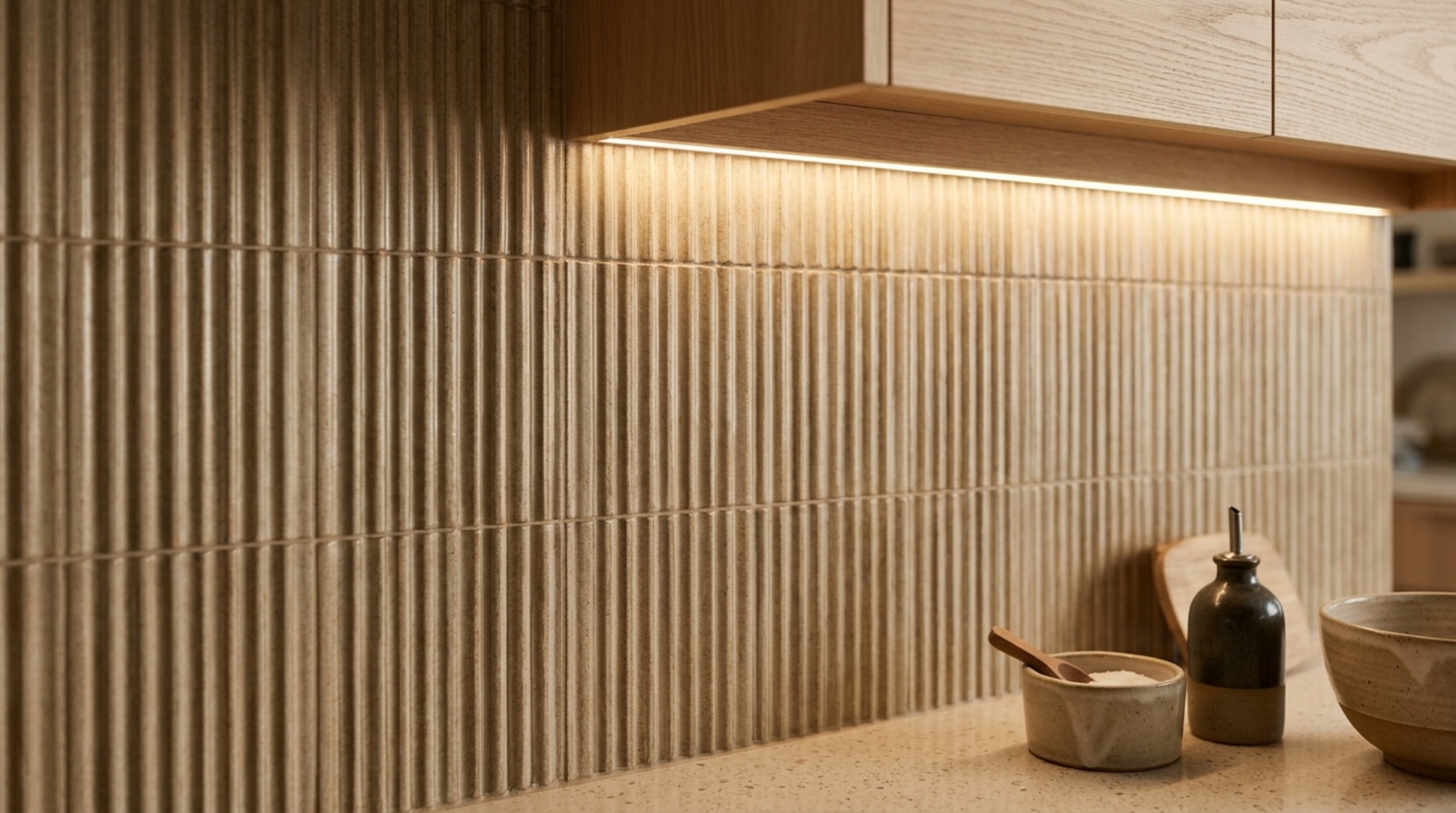 Textured kitchen tiles trend showcased with a vertically fluted stone wall in a warm sand tone, illuminated by recessed under-cabinet task lighting. Textured kitchen tiles trend showcased with a vertically fluted stone wall in a warm sand tone, illuminated by recessed under-cabinet task lighting.