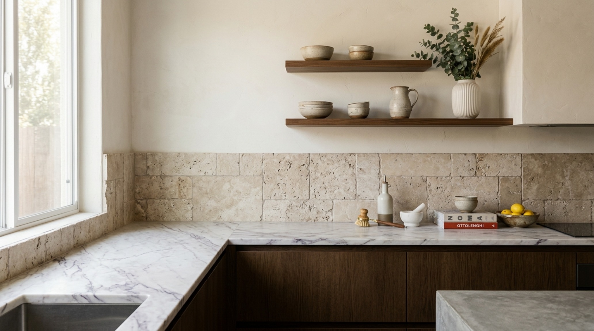 Modern kitchen backsplash ideas featuring a partial height Taj Mahal quartzite splash with a clean ledge and minimalist plaster wall above. Modern kitchen backsplash ideas featuring a partial height Taj Mahal quartzite splash with a clean ledge and minimalist plaster wall above.