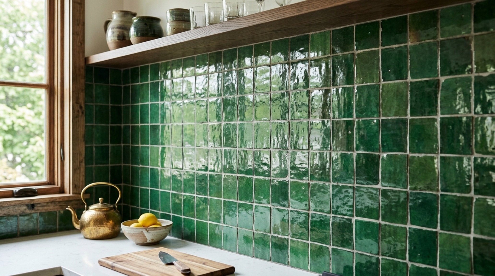 Zellige wall tiles for kitchen in an emerald green glaze, arranged in a stacked bond pattern to highlight the artisanal clay edges and glossy finish. Zellige wall tiles for kitchen in an emerald green glaze, arranged in a stacked bond pattern to highlight the artisanal clay edges and glossy finish.