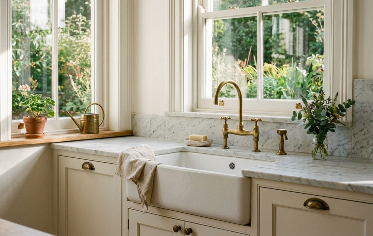Bridge faucets and antique brass hardware mounted on a white farmhouse sink with honed marble countertops and soft window light.