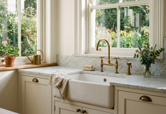 Bridge faucets and antique brass hardware mounted on a white farmhouse sink with honed marble countertops and soft window light.