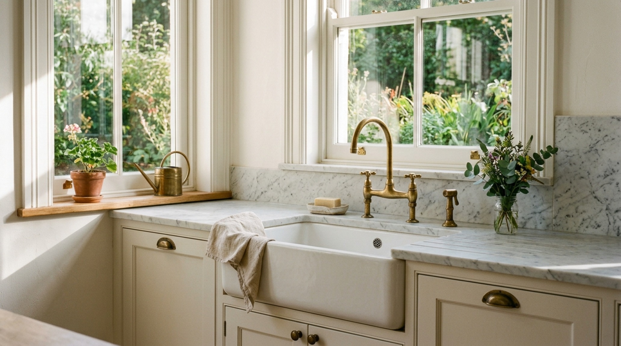 Bridge faucets and antique brass hardware mounted on a white farmhouse sink with honed marble countertops and soft window light. Bridge faucets and antique brass hardware mounted on a white farmhouse sink with honed marble countertops and soft window light.