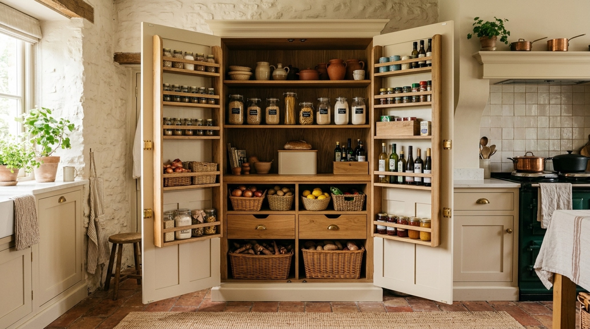 Warm neutral paint colors for traditional kitchens on a large pantry cupboard featuring classic turn-latch hardware. Warm neutral paint colors for traditional kitchens on a large pantry cupboard featuring classic turn-latch hardware.