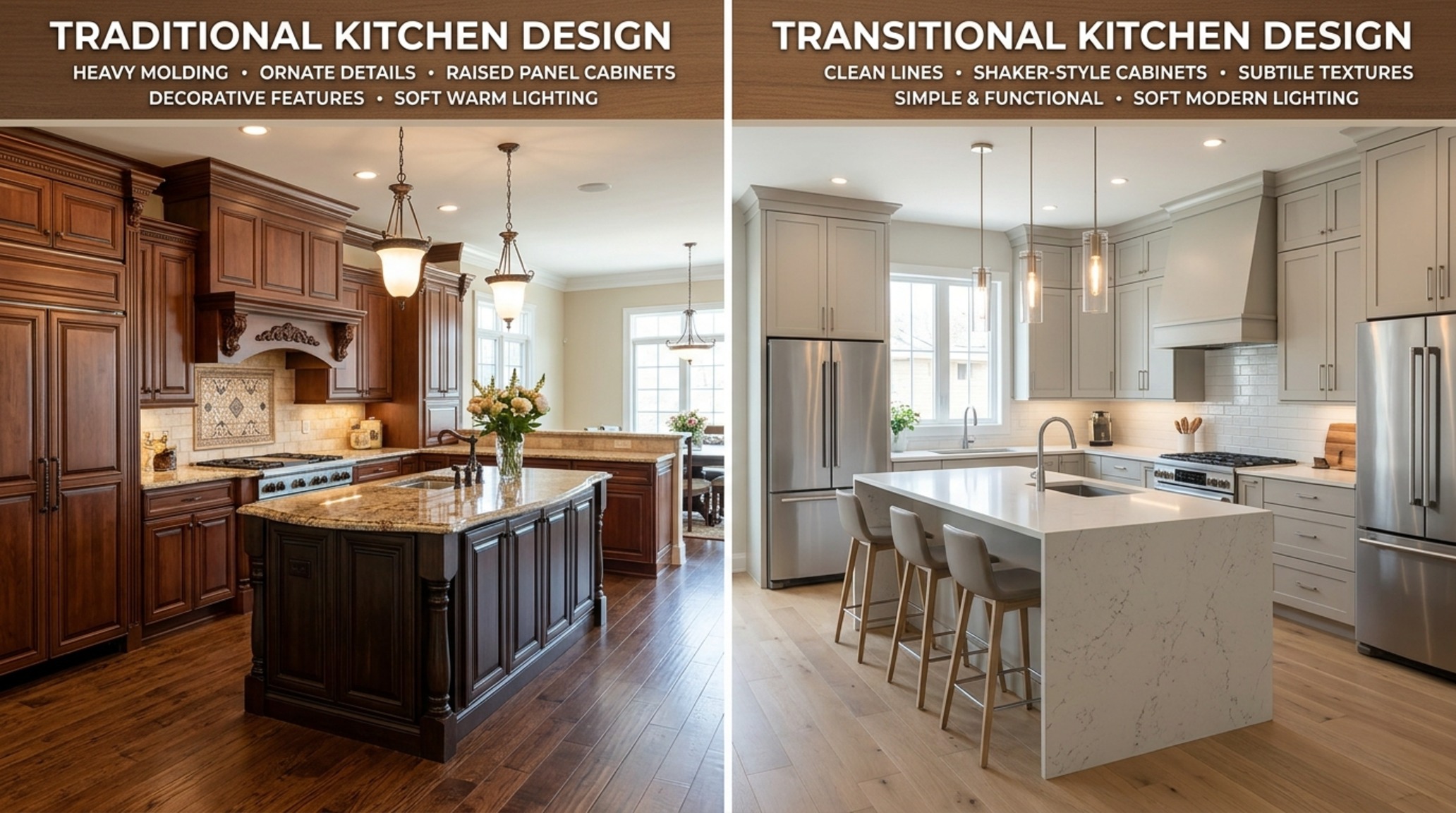 Traditional vs transitional kitchen design featuring a blend of classic symmetry with streamlined modern appliance integration. Traditional vs transitional kitchen design featuring a blend of classic symmetry with streamlined modern appliance integration.