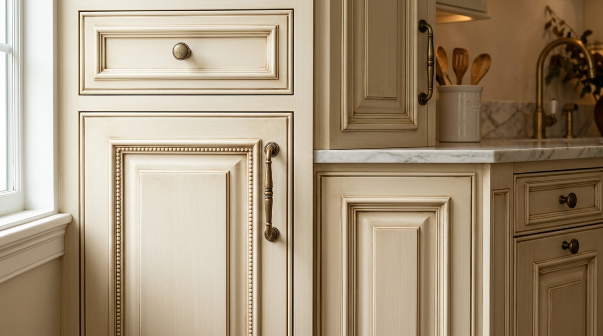 Raised panel cabinet door options in a warm cream finish featuring intricate ogee moldings and heavy brass latch hardware. Raised panel cabinet door options in a warm cream finish featuring intricate ogee moldings and heavy brass latch hardware.