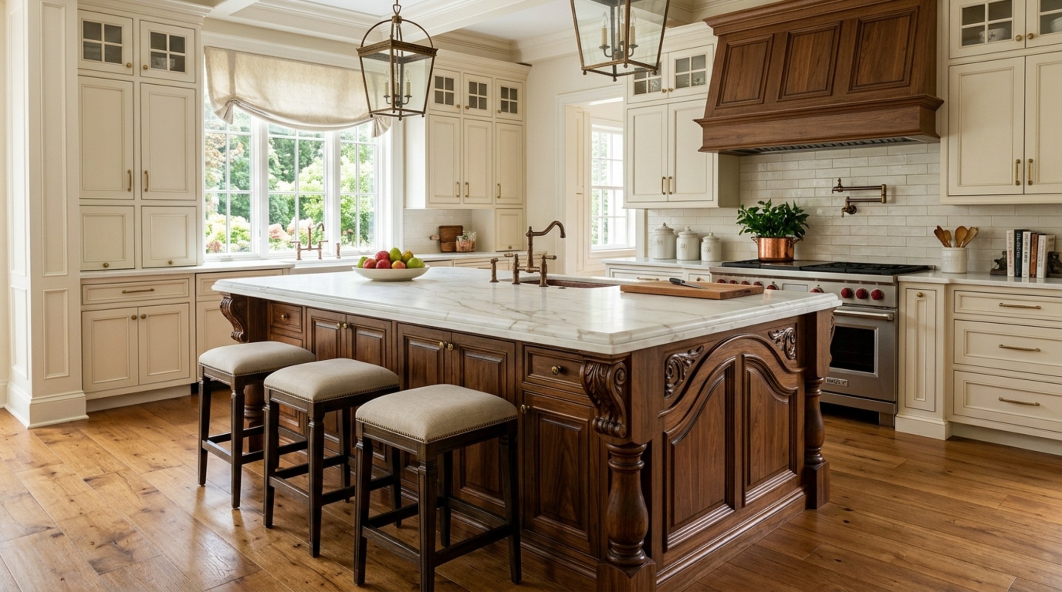 Traditional kitchen island with corbels and decorative gables supporting a thick calacatta marble countertop with an ogee edge. Traditional kitchen island with corbels and decorative gables supporting a thick calacatta marble countertop with an ogee edge.