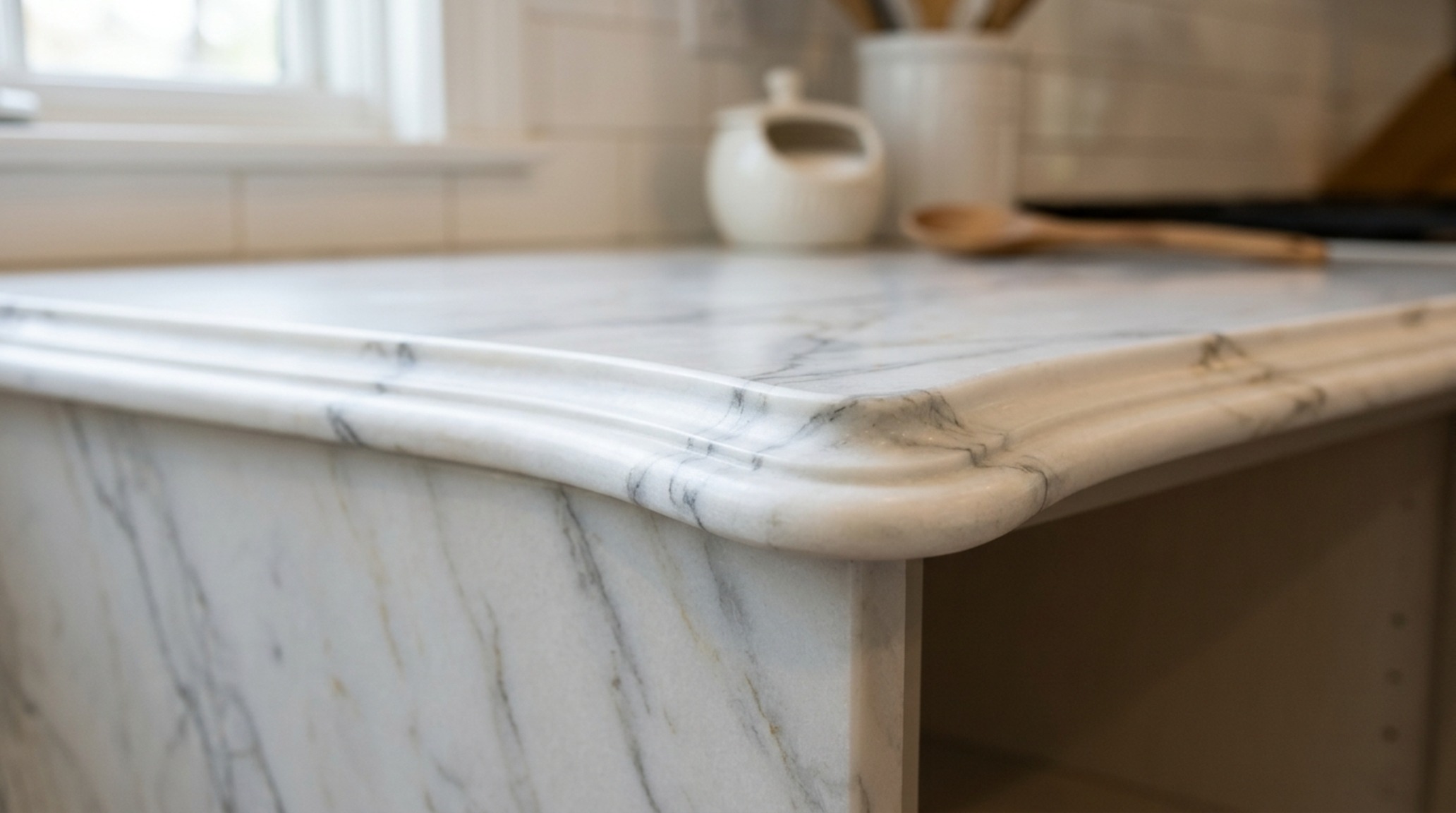 Ogee edge countertop styles on a large kitchen island with integrated prep sink and custom millwork detailing. Ogee edge countertop styles on a large kitchen island with integrated prep sink and custom millwork detailing.