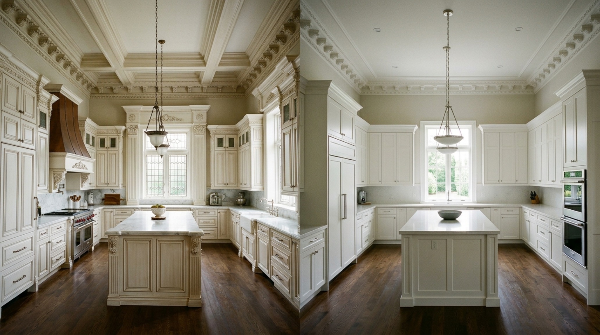 Traditional vs transitional kitchen design comparison showing the difference in millwork depth and cabinet profile complexity. Traditional vs transitional kitchen design comparison showing the difference in millwork depth and cabinet profile complexity.