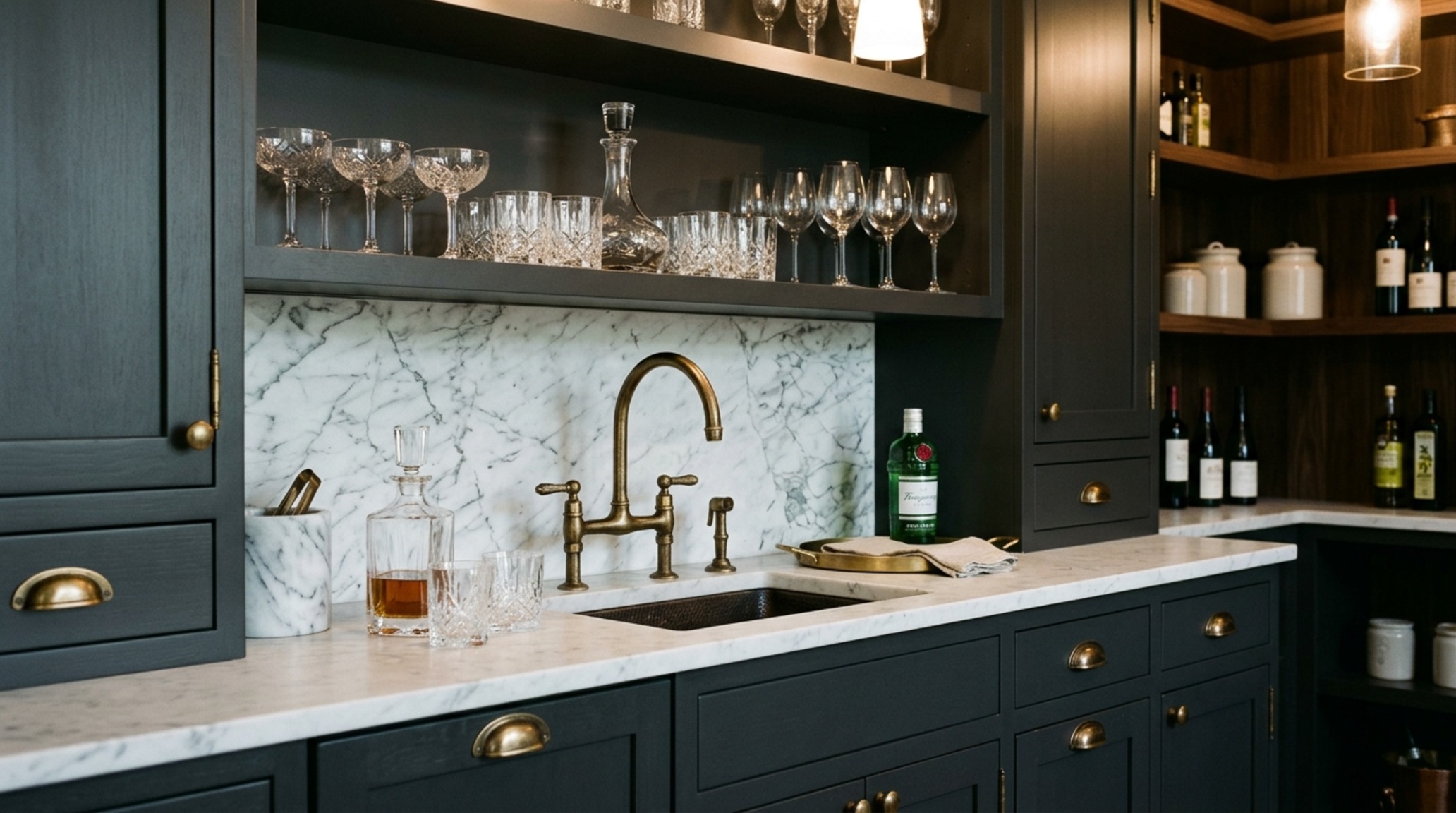 Bridge faucets and antique brass hardware in a butler's pantry with dark navy cabinetry and natural stone backsplash. Bridge faucets and antique brass hardware in a butler's pantry with dark navy cabinetry and natural stone backsplash.