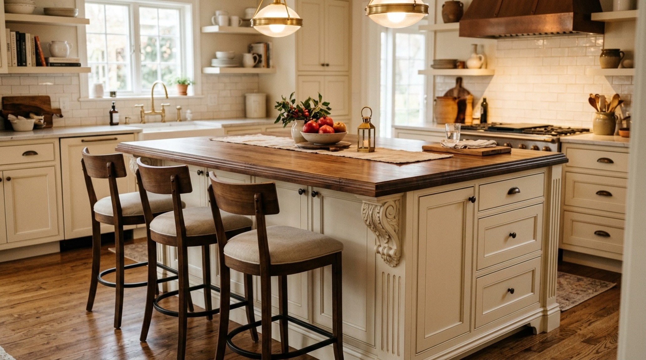 Traditional kitchen island with corbels and a custom walnut wood top used as a furniture-style breakfast station. Traditional kitchen island with corbels and a custom walnut wood top used as a furniture-style breakfast station.