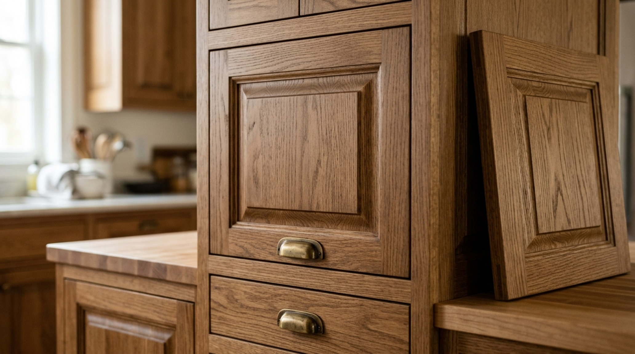 Raised panel cabinet door options in stained white oak with mitered corners and traditional furniture-style bracket feet. Raised panel cabinet door options in stained white oak with mitered corners and traditional furniture-style bracket feet.