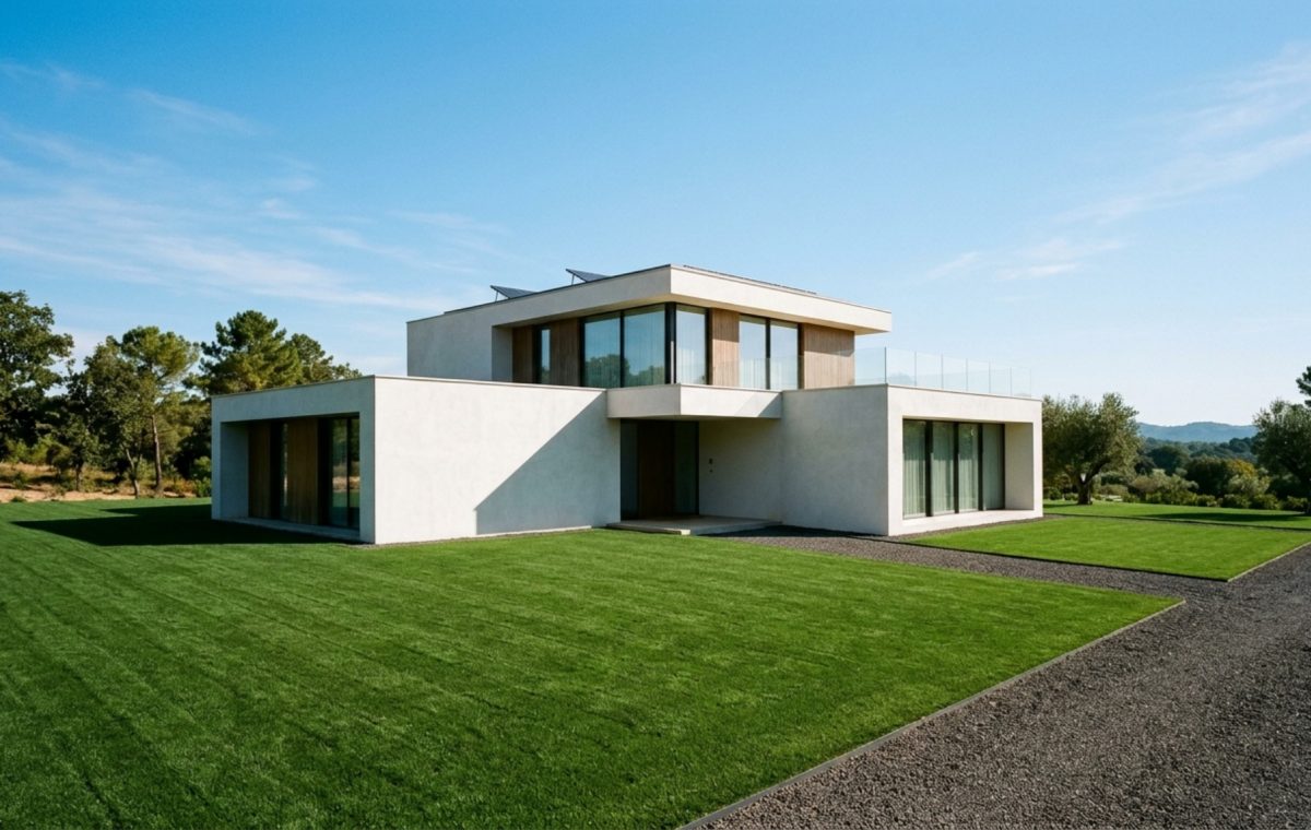 A wide-angle shot of a modern desert-style home with Benjamin Moore Swiss Coffee exterior walls and a perfectly saturated green lawn achieved with turf colorant.