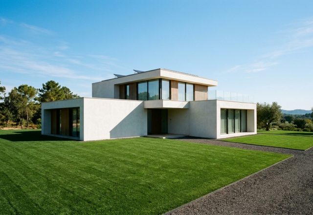 A wide-angle shot of a modern desert-style home with Benjamin Moore Swiss Coffee exterior walls and a perfectly saturated green lawn achieved with turf colorant.