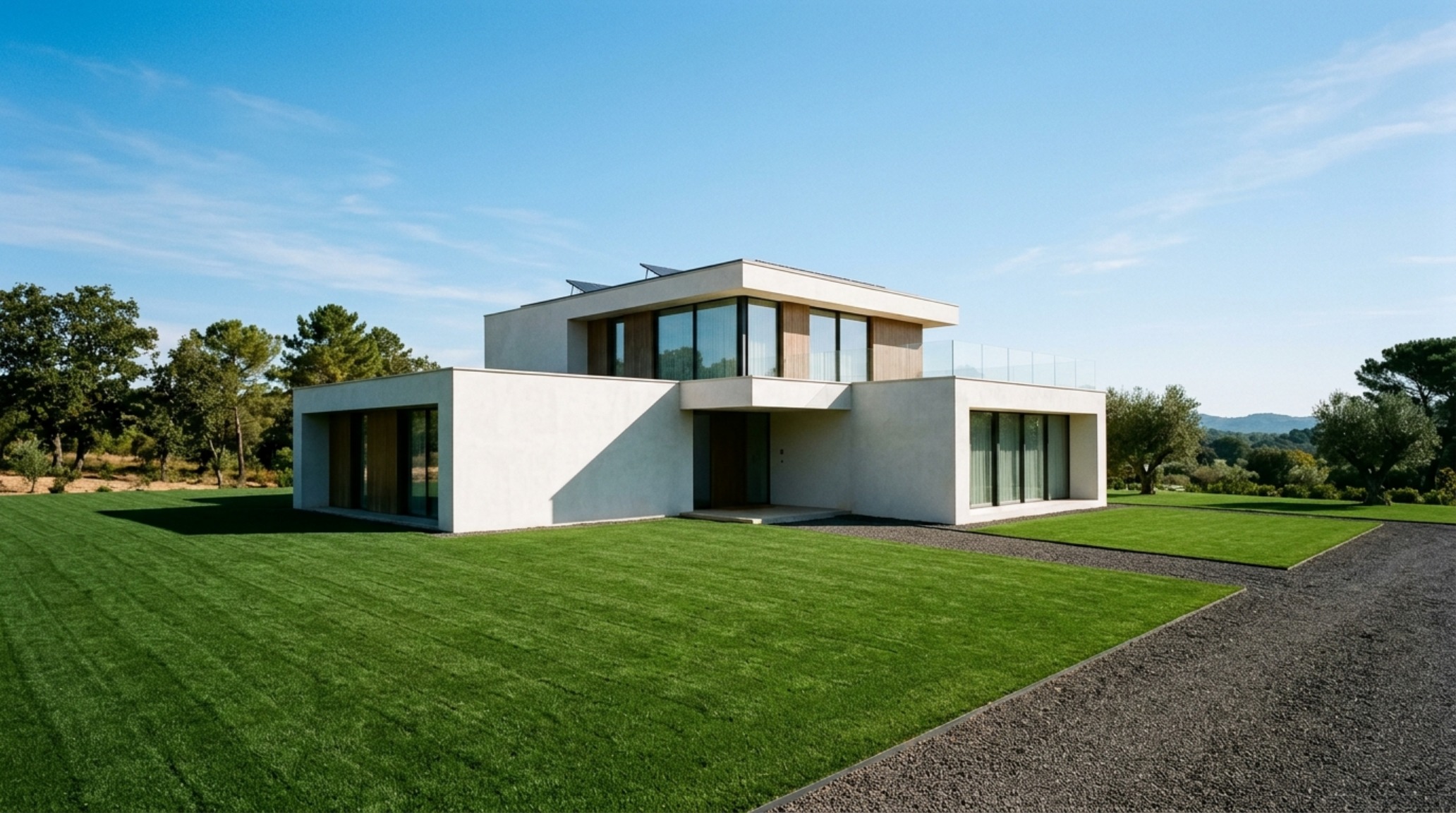 A wide-angle shot of a modern desert-style home with Benjamin Moore Swiss Coffee exterior walls and a perfectly saturated green lawn achieved with turf colorant. A wide-angle shot of a modern desert-style home with Benjamin Moore Swiss Coffee exterior walls and a perfectly saturated green lawn achieved with turf colorant.