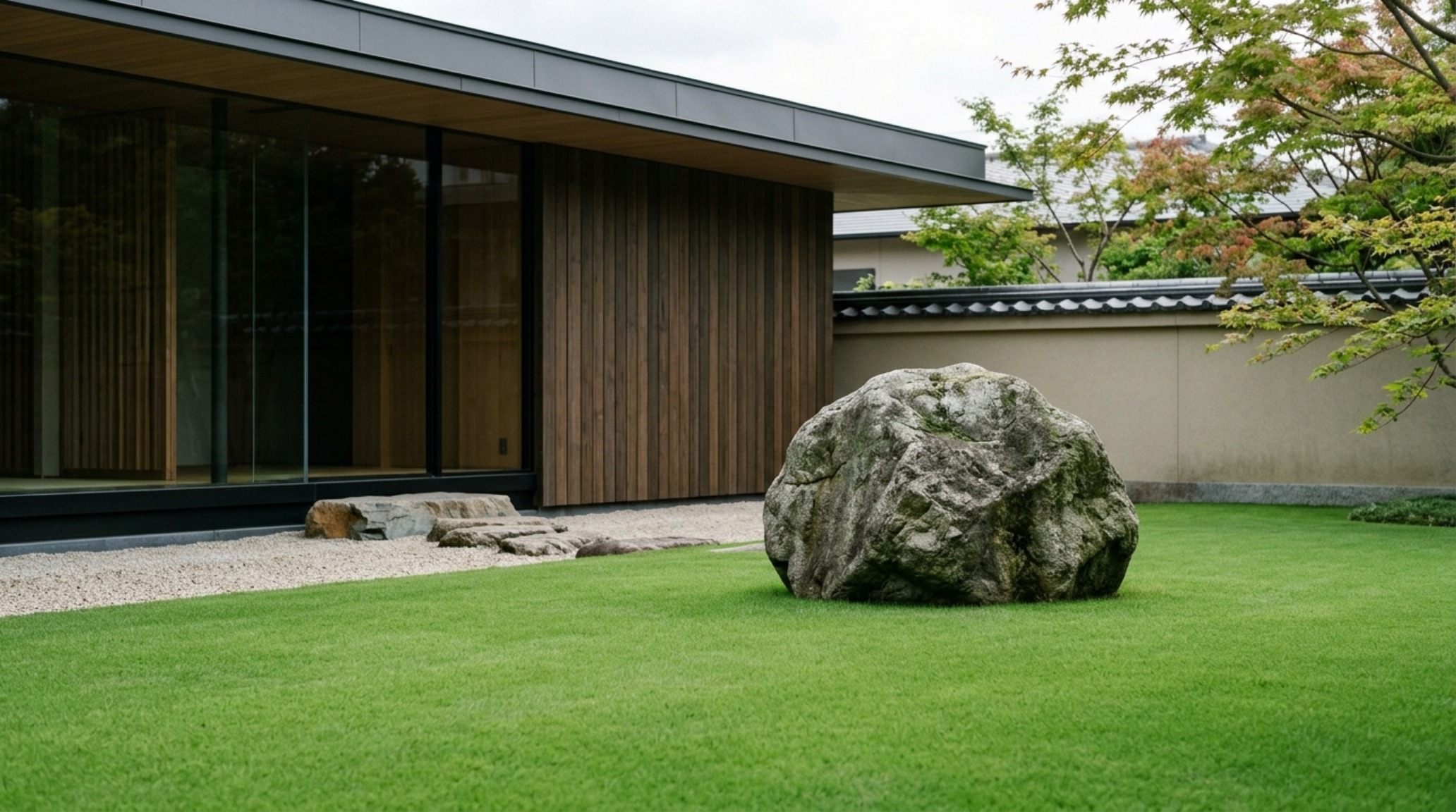 A minimalist courtyard with a single specimen olive tree centered on a precision-tinted 'living floorboard' of deep green turf. A minimalist courtyard with a single specimen olive tree centered on a precision-tinted 'living floorboard' of deep green turf.