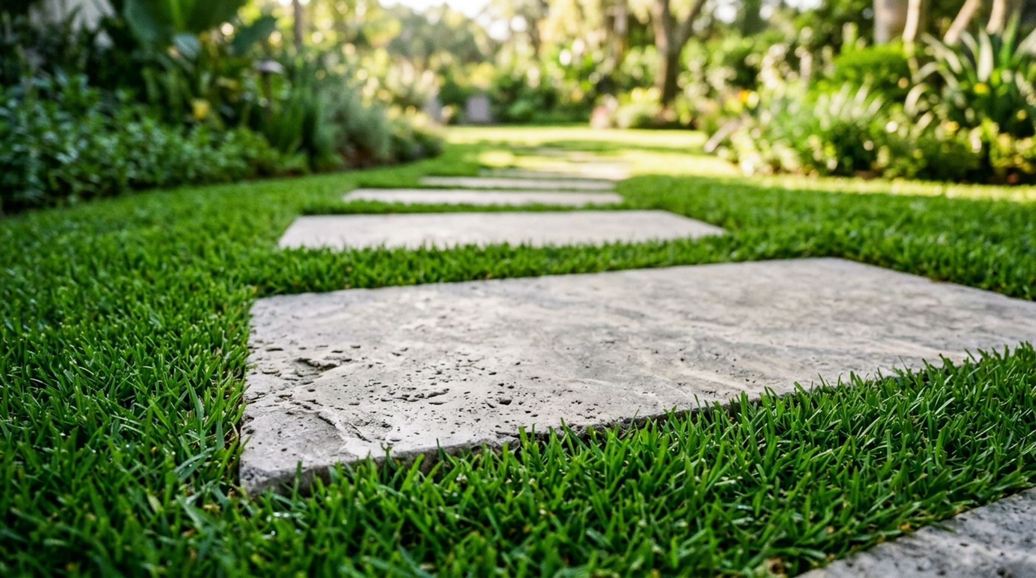 Close-up of oversized honed travertine pavers set against a deep matte green grass finish, highlighting the clean structural silhouette. Close-up of oversized honed travertine pavers set against a deep matte green grass finish, highlighting the clean structural silhouette.