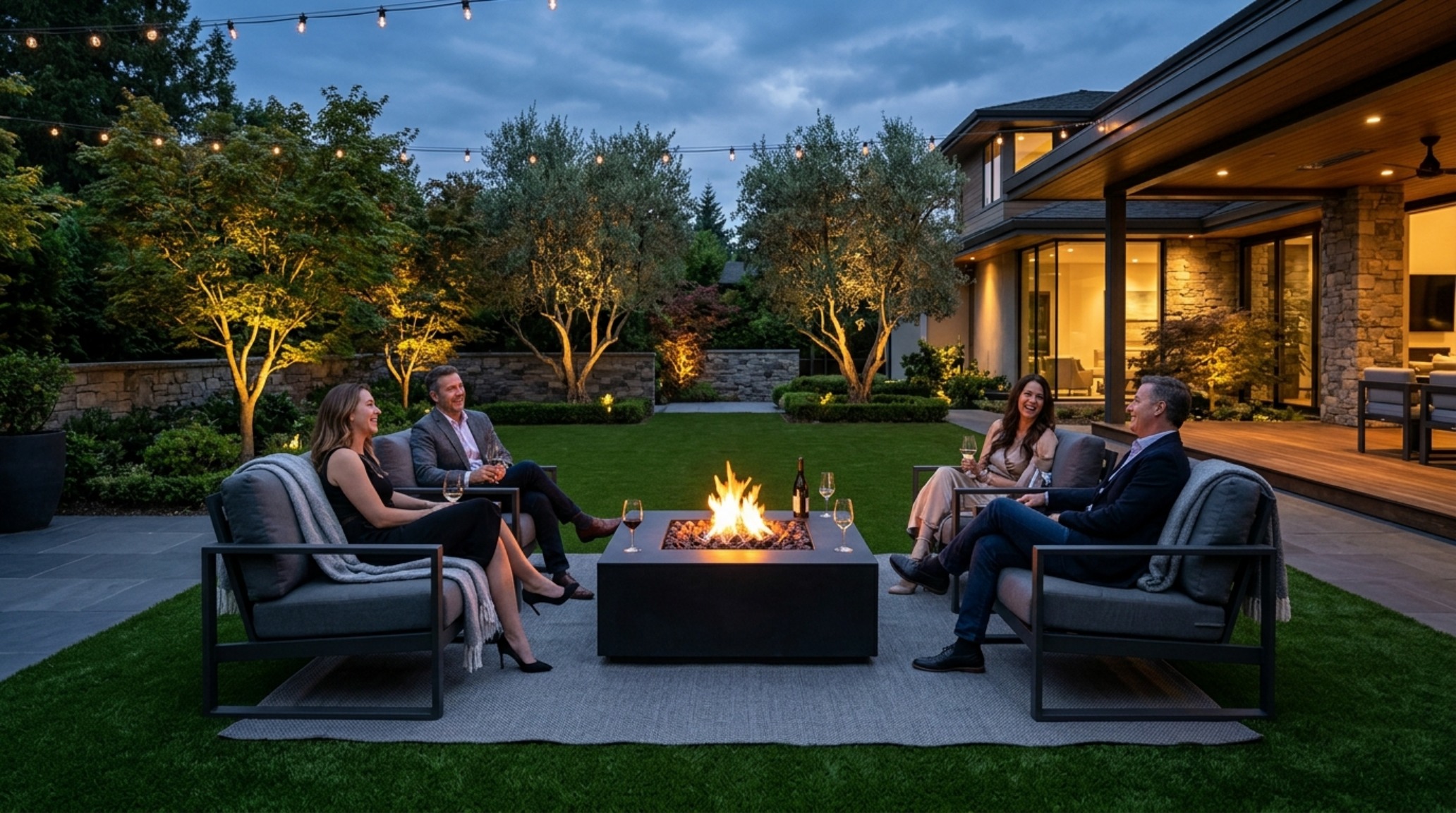 An evening view of an outdoor lounge with 2700K warm lighting reflecting off a precision-tinted dormant lawn, creating a velvety atmosphere. An evening view of an outdoor lounge with 2700K warm lighting reflecting off a precision-tinted dormant lawn, creating a velvety atmosphere.