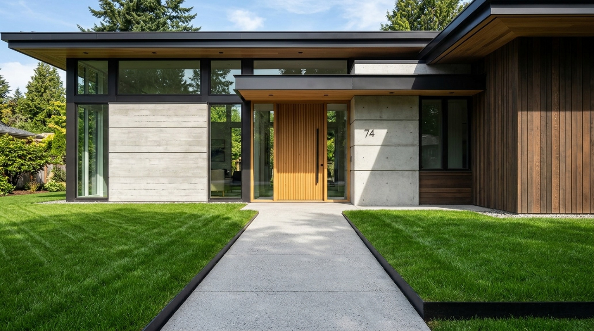 Architectural detail of a 36-inch wide concrete walkway cutting through a masterfully painted green lawn, showcasing perfect tonal balance. Architectural detail of a 36-inch wide concrete walkway cutting through a masterfully painted green lawn, showcasing perfect tonal balance.