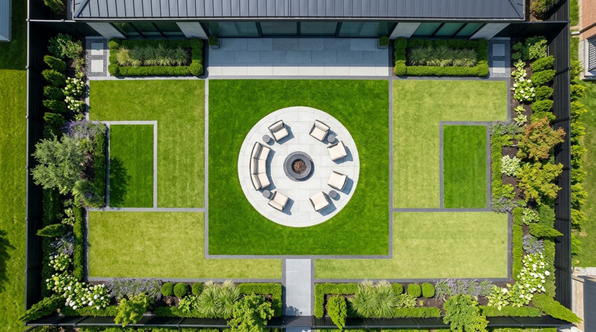 Aerial view of a contemporary estate utilizing organic green grass pigment to define zones around a limestone fire pit area. Aerial view of a contemporary estate utilizing organic green grass pigment to define zones around a limestone fire pit area.