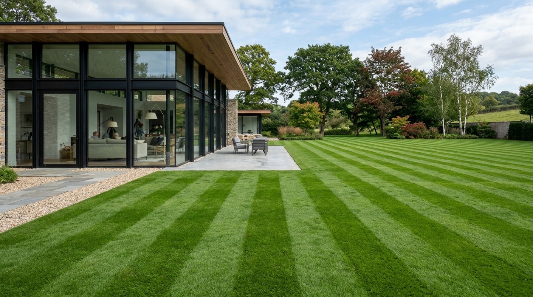 Modern lawn stenciling patterns featuring subtle geometric stripes on a dormant lawn to enhance the spatial cadence of a luxury driveway. Modern lawn stenciling patterns featuring subtle geometric stripes on a dormant lawn to enhance the spatial cadence of a luxury driveway.