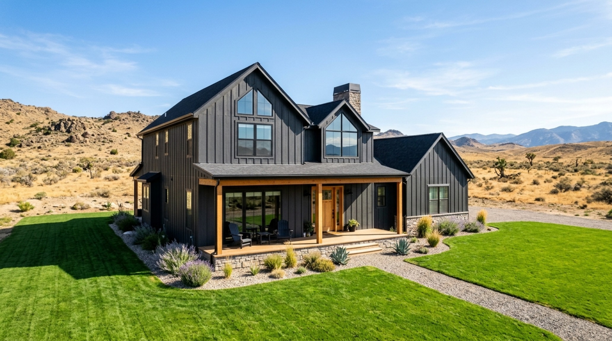 A drought-resistant landscaping scheme with a vibrant green lawn achieved through eco-friendly lawn spray, contrasting with dark shou sugi ban siding. A drought-resistant landscaping scheme with a vibrant green lawn achieved through eco-friendly lawn spray, contrasting with dark shou sugi ban siding.