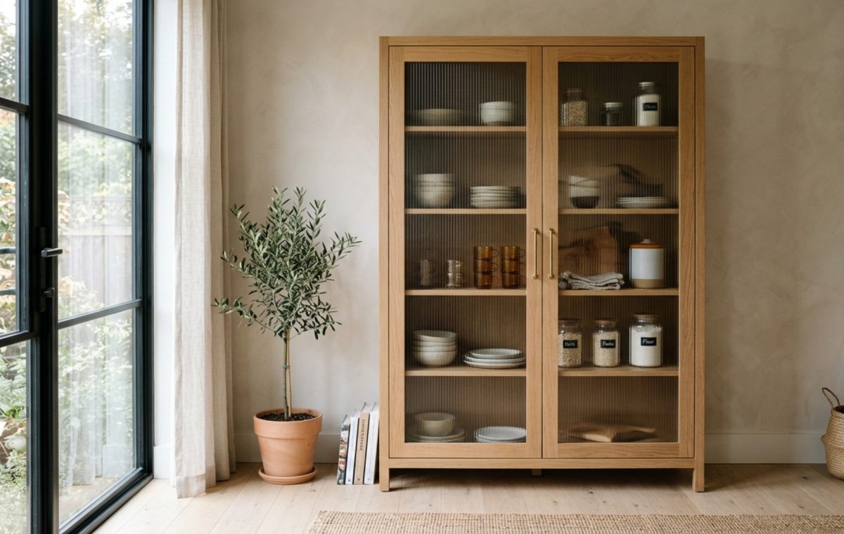 A tall freestanding kitchen pantry made of rift-sawn white oak with reeded glass door panels, positioned in a sun-drenched kitchen with 2700K ambient lighting.
