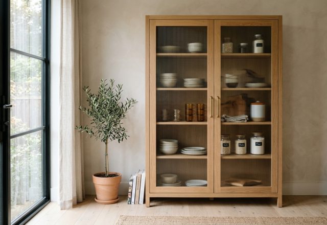 A tall freestanding kitchen pantry made of rift-sawn white oak with reeded glass door panels, positioned in a sun-drenched kitchen with 2700K ambient lighting.