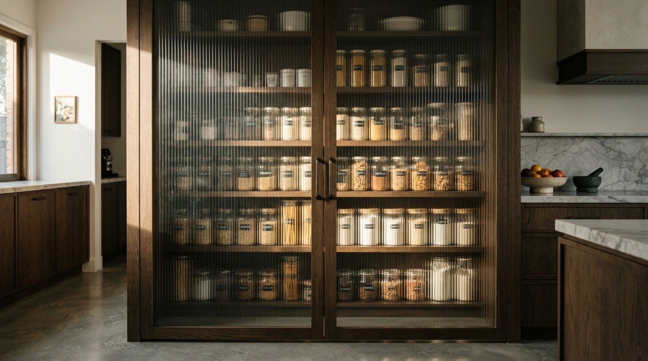 High-resolution detail of reeded glass freestanding pantry doors catching afternoon light, showcasing material integrity and shadow play.