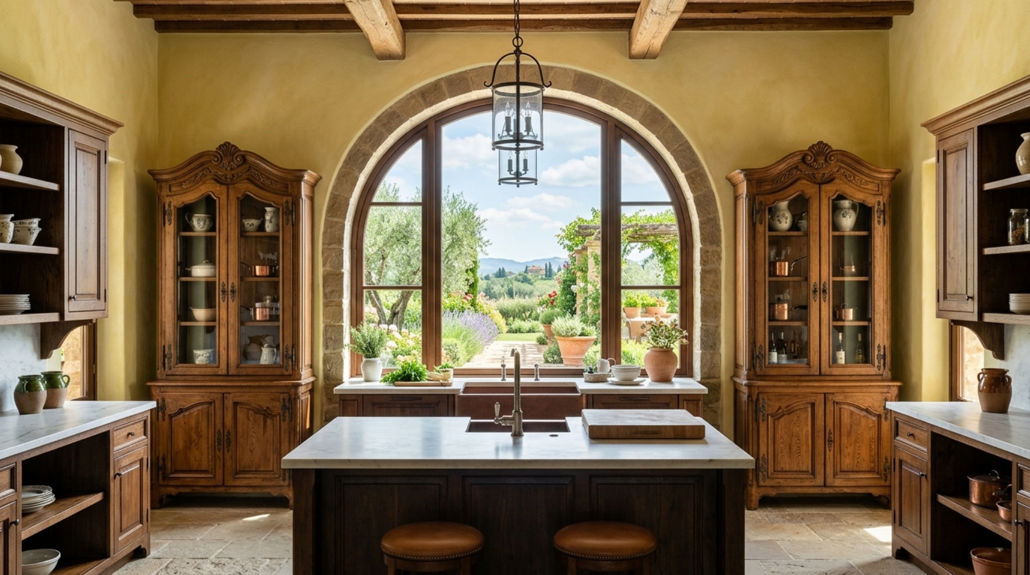 Symmetry in design: Dual freestanding pantry units flanking a central window, creating a balanced architectural silhouette.
