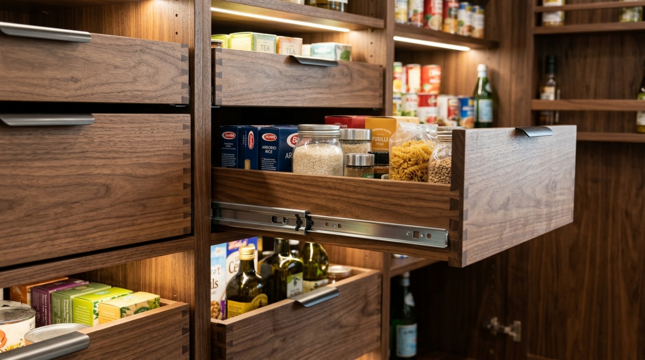 A luxury pantry interior featuring walnut wood finish, 3000K lighting, and clear acrylic bins for high-end small pantry organization ideas.