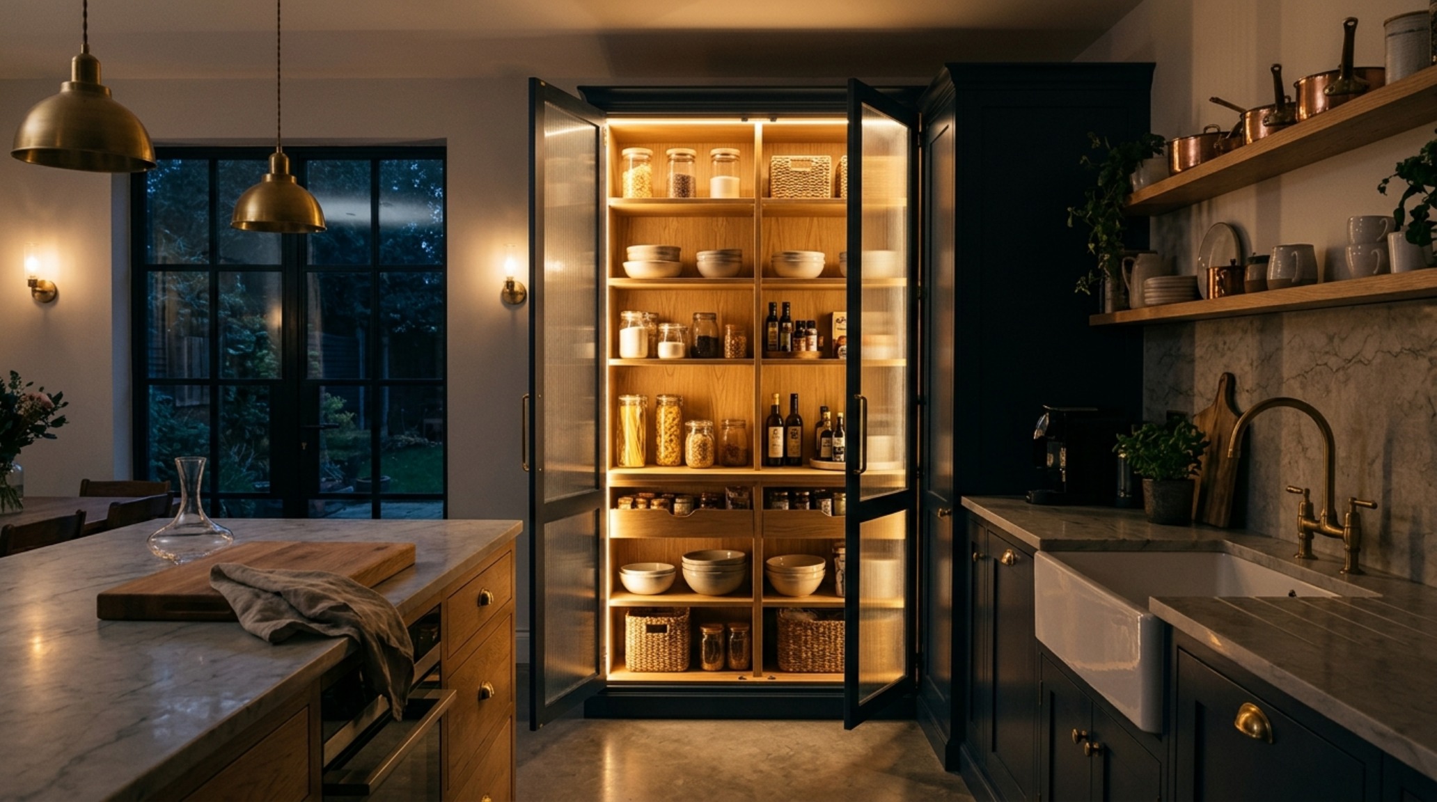 An evocative shot of a freestanding larder with doors open, revealing a meticulously organized coffee station and artisanal ingredients.
